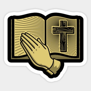 Cross of Jesus, open bible and praying hands. Sticker